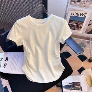 纯棉短袖t恤女夏季款设计感小众褶皱收腰上衣不规则弧形下摆体恤