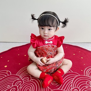 网红。周岁女宝礼服中式百天宝宝衣服夏季婴儿抓周礼服周岁宴红色