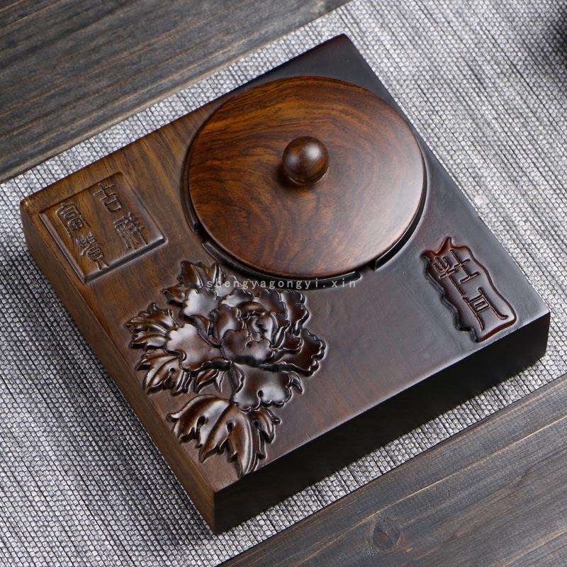 黑檀木烟灰缸创意复古中式家用大号带盖防灰刻字logo木质方形烟缸