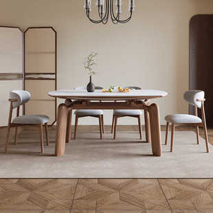 圆形岩板餐桌椅2024新款家用小户型可伸缩折叠胡桃木实木吃饭桌子