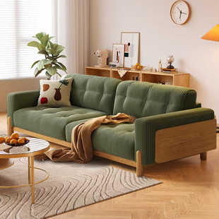 日式实木沙发客厅奶油原木风2.4米墨绿色灯芯绒布艺木沙发可拆洗