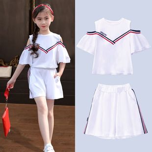 巴拉巴柆韩系95棉女童短袖套装夏季新款中大童韩版运动儿童装纯棉