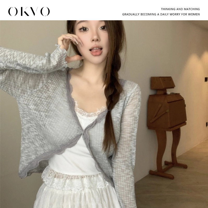 OKVO 法式气质V领针织衫蕾丝拼接修身显瘦薄款防晒开衫上衣