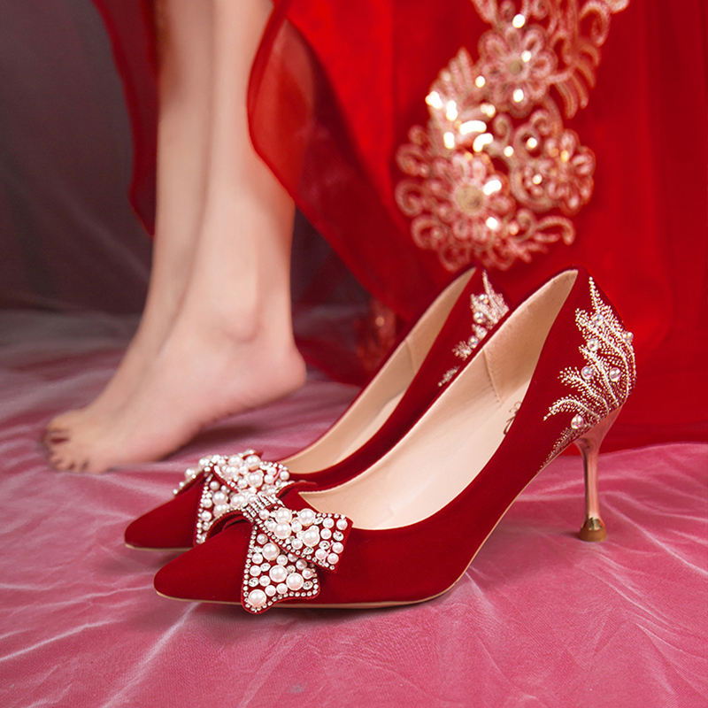 红色婚鞋女新款高级感秀禾婚纱两穿新娘鞋敬酒服高跟鞋不累脚单鞋