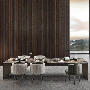 轻奢后现代会议桌椅组合长方形天然大理石台面金属餐桌不锈钢家具