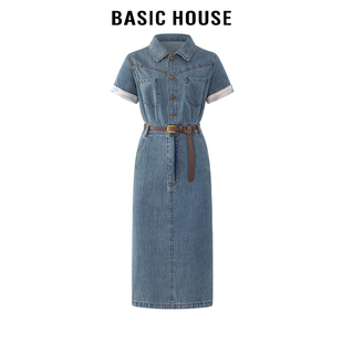 百家好/Basic House时尚翻领拼接袖口牛仔短袖连衣裙女复古长裙夏