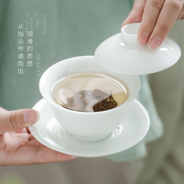 羊脂玉手绘盖碗茶杯陶瓷高端大号泡茶功夫三才碗德化白瓷茶碗茶具