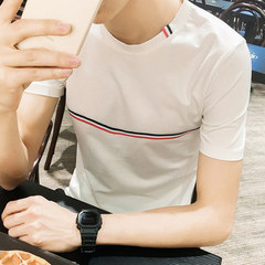 夏季男装男士短袖T恤圆领条纹半袖韩版修身青年潮t恤青年衣服