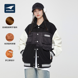 B.VEERA倍福来学院棒球服男女2025秋冬撞色PU袖拼接加厚宽松外套