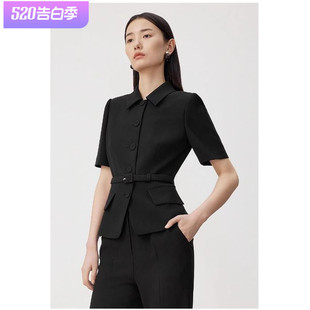 LANCY/朗姿2024夏季新款三醋酸短袖翻领西装外套职业系带西服女