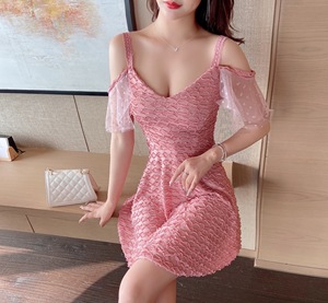 Mesh stitched off shoulder Sling Dress with large swing