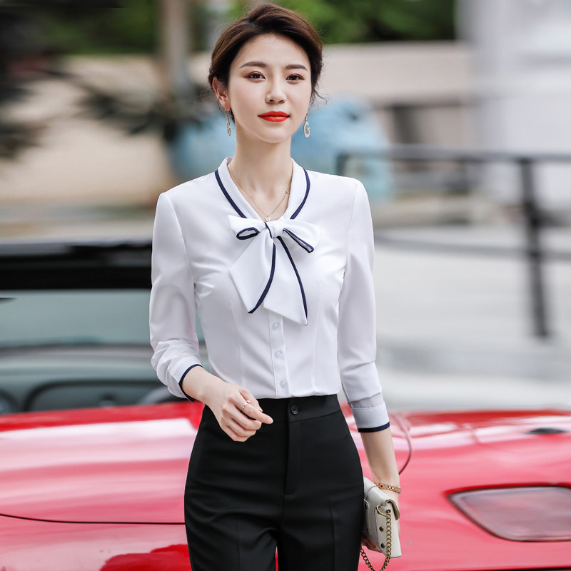 时尚蝴蝶结白色衬衫女长袖2021春秋新款汽车销售员工作服衬衣上衣