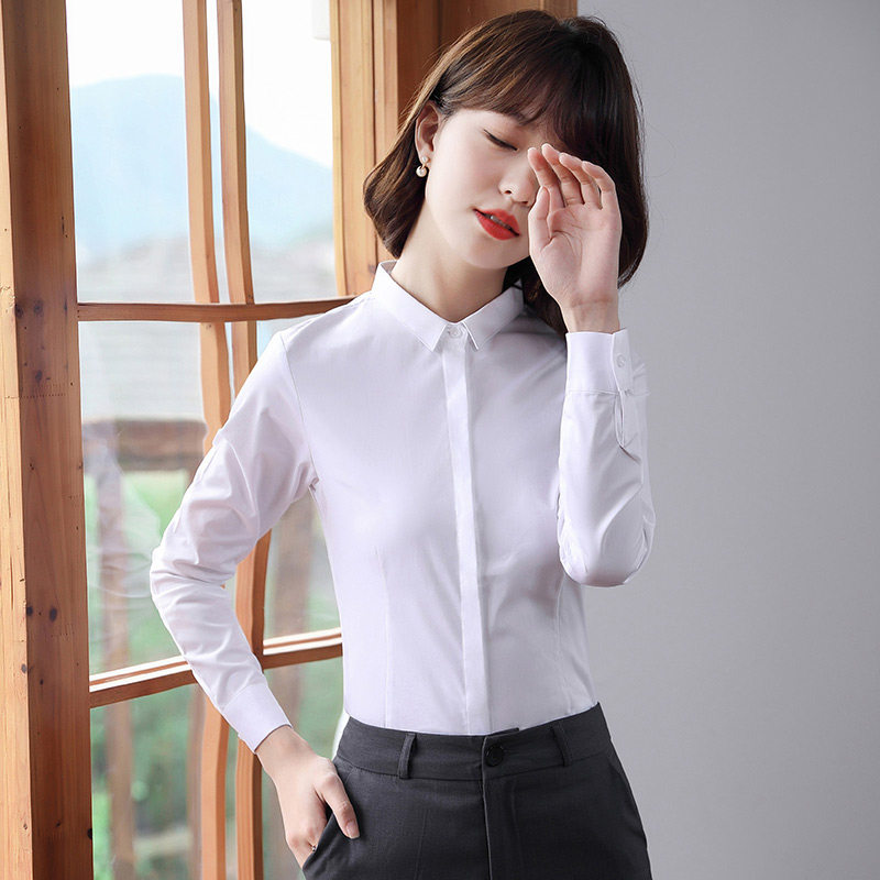 小领白色衬衫女长袖韩系职业装正装暗扣商务西装打底内搭衬衣上衣