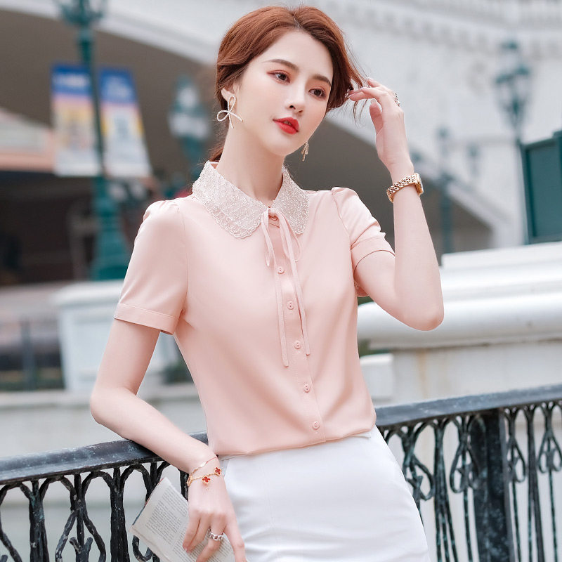 娃娃领衬衫女短袖韩版时尚气质粉色短款衬衣夏季薄款职业雪纺上衣