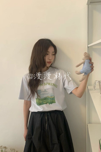 现 FURE韩国东大门女2024夏季款百搭显瘦圆领风景油画印花短袖T恤