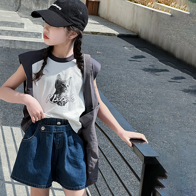女童夏装短裤套装2024新款洋气女孩无袖T恤网红韩版夏季儿童衣服