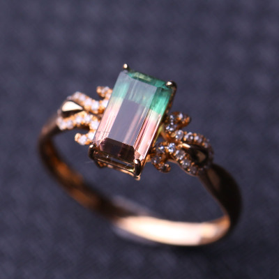 珍藏级18k金天然绝美极品双色西瓜碧玺戒指(免费修改圈号)