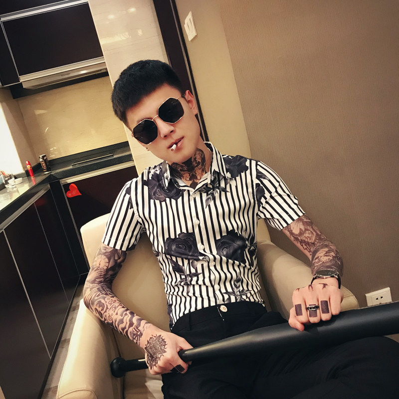 d301-dc30白首2019夏季新款修身男社会小伙发型师条纹短袖衬衣p50