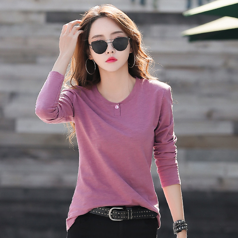 长袖女t恤秋装新款2021竹节棉宽松大码打底衫体恤衫纯棉上衣服