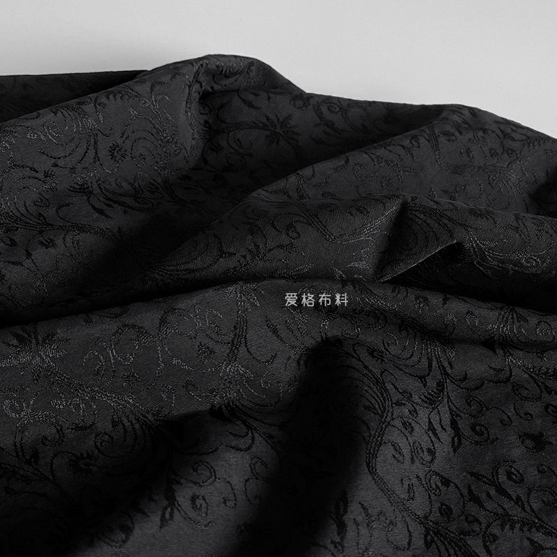 偏硬廓形感 黑色纯亚麻暗纹古典提花面料旗袍汉服设计师服装布料