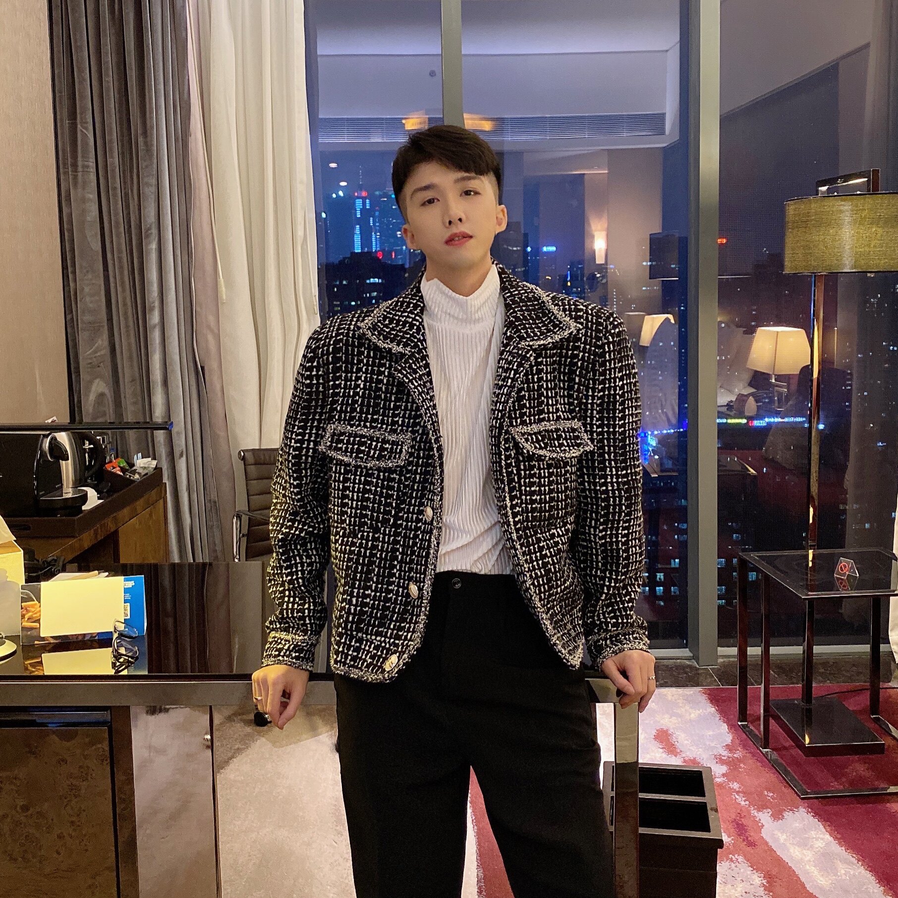 陈大富2021小香风短款翻领夹克男冬轻奢加厚宽松百搭潮流格纹外套