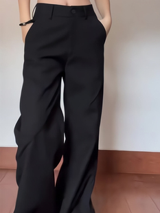 美式黑色高腰直筒西装裤女春秋季宽松垂感窄版阔腿裤高级感拖地裤