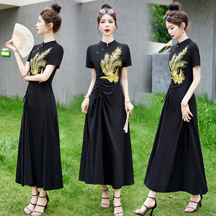 夏季新款新中式国风女装改良旗袍年轻款高端时尚气质黑色连衣裙子