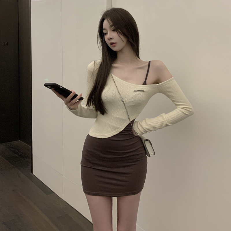 一折露肩上衣包臀