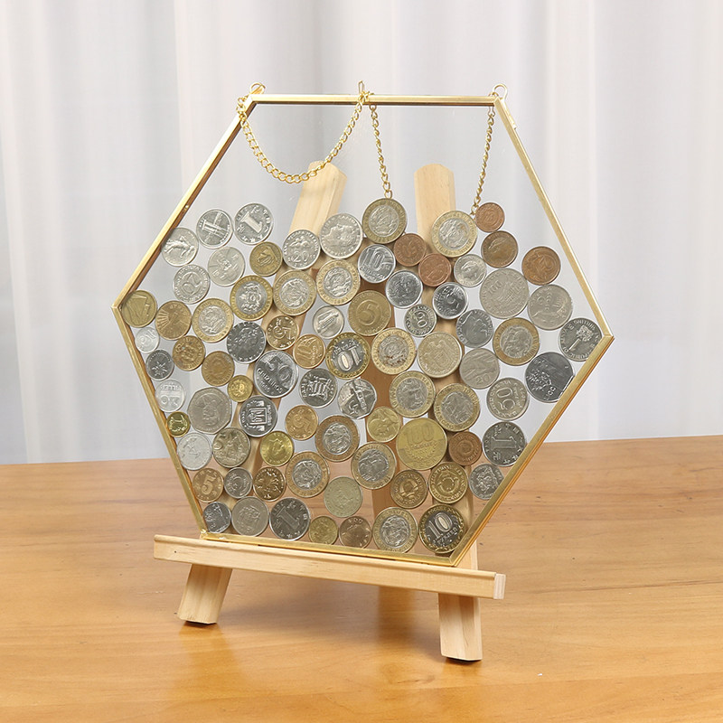 六边形硬币收藏相框玻璃透明挂墙装饰收纳展示框简约复古金属画框
