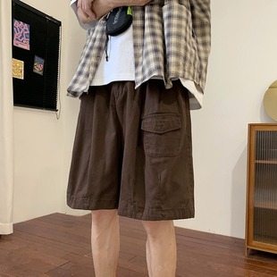 棕色短裤男款夏季日系工装orsize美式潮牌百搭直筒休闲五分裤子
