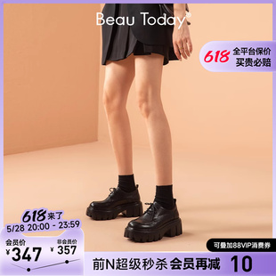 BeauToday英伦风小皮鞋女厚底乐福鞋松糕鞋黑色单鞋增高真皮女鞋