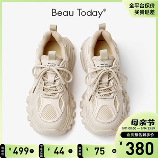 BeauToday老爹鞋女款夏复古运动鞋BT白色轻便厚底板鞋增高休闲鞋