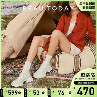 BeauToday夏季增高白色乐福鞋女厚底英伦复古单鞋真皮小皮鞋女鞋