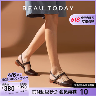 BeauToday夏季真皮粗跟一字扣时装凉鞋女鞋包头复古法式英伦单鞋