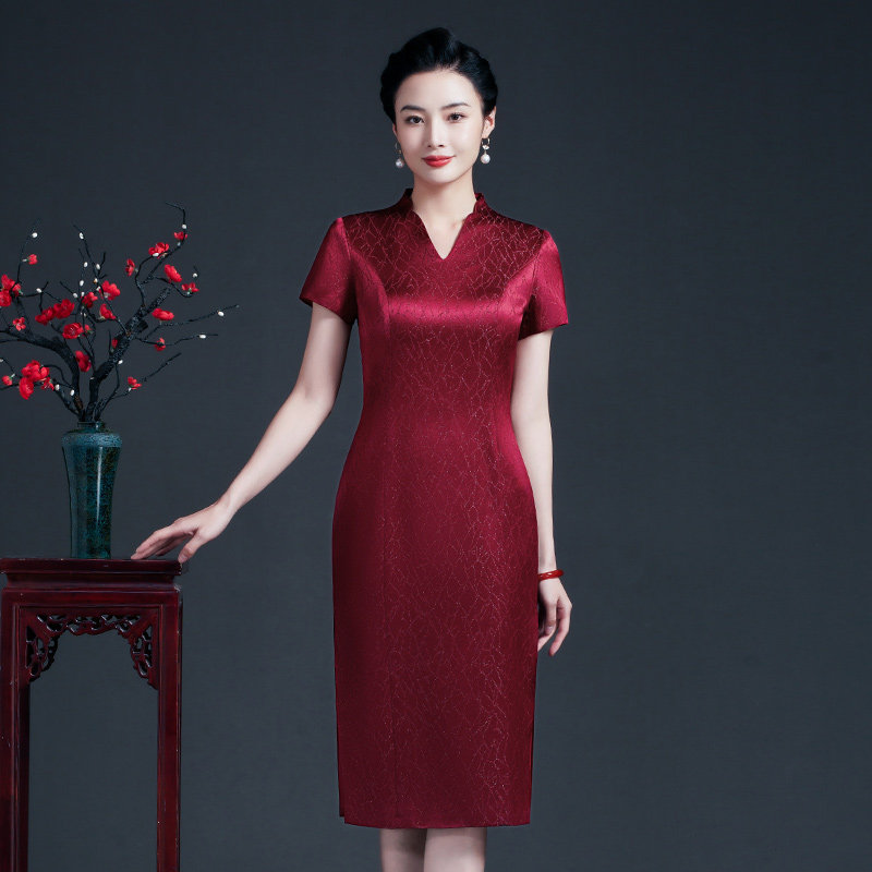 喜婆婆婚礼服v领洋气妈妈婚宴装改良旗袍端庄气质母亲礼服旗袍裙