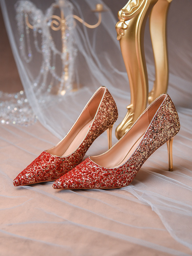 水晶婚鞋红秀禾结婚鞋女2021年新款红色亮片新娘高跟鞋细跟不累脚