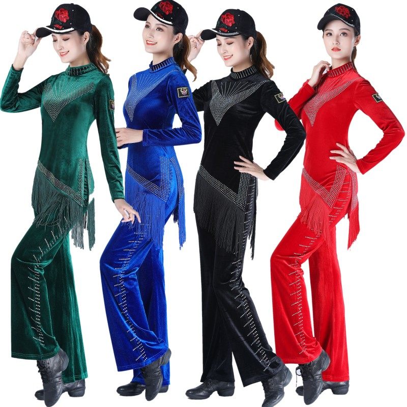 淘宝￥126折后价￥76广场舞服装女金丝绒长袖镶钻水兵舞套装吉特巴