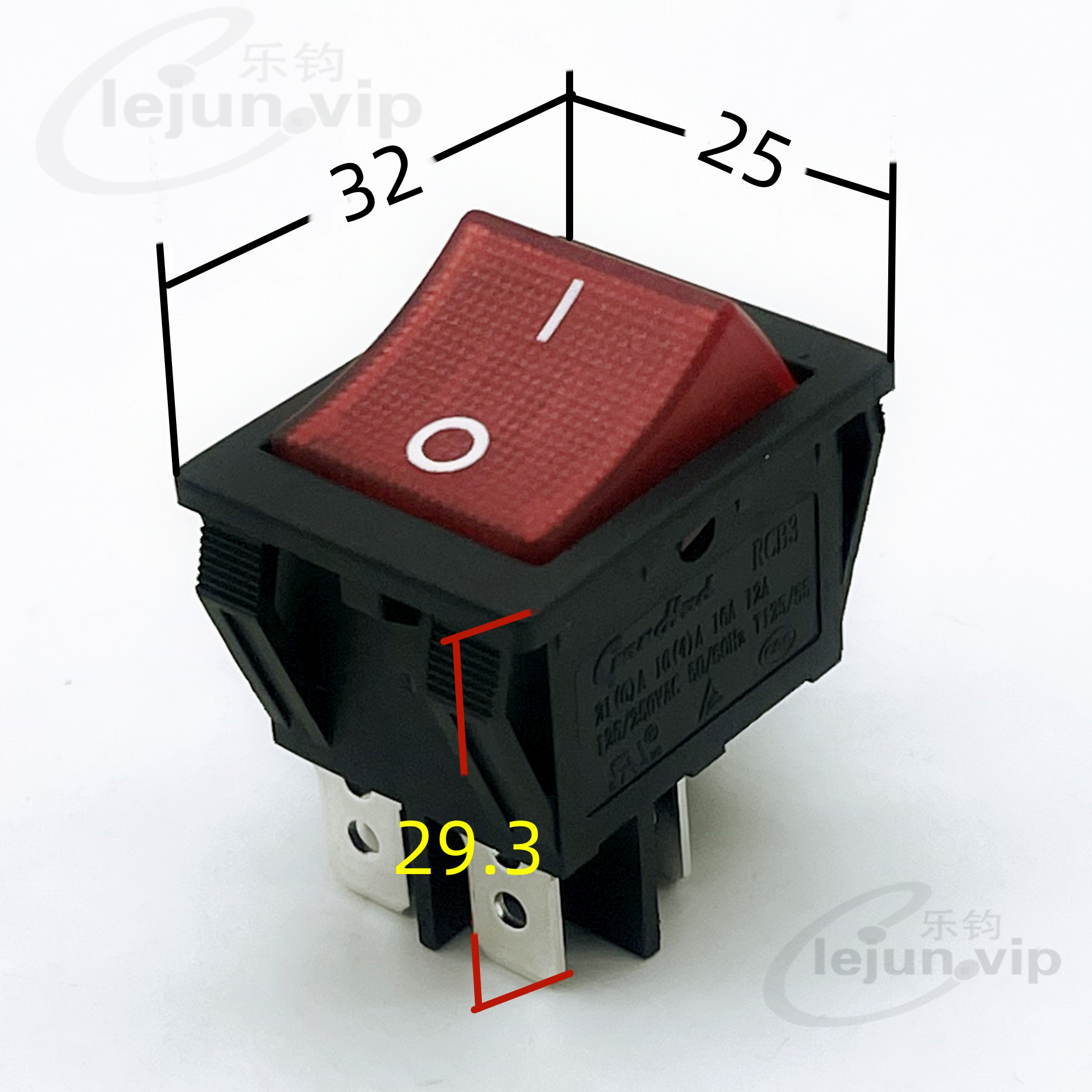 LEJUN推荐RCB红灯四脚大电流16A 带红灯船型开关四脚两档翘板开