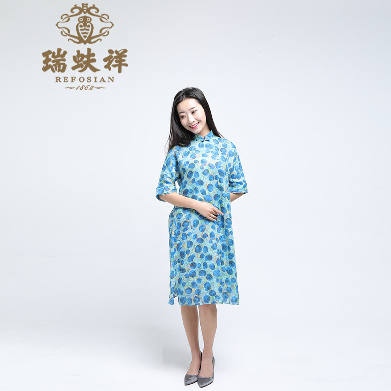 瑞蚨祥连衣裙女气质款瑞蚨祥苎麻旗袍30岁妈妈穿的中短裙浅色盘扣