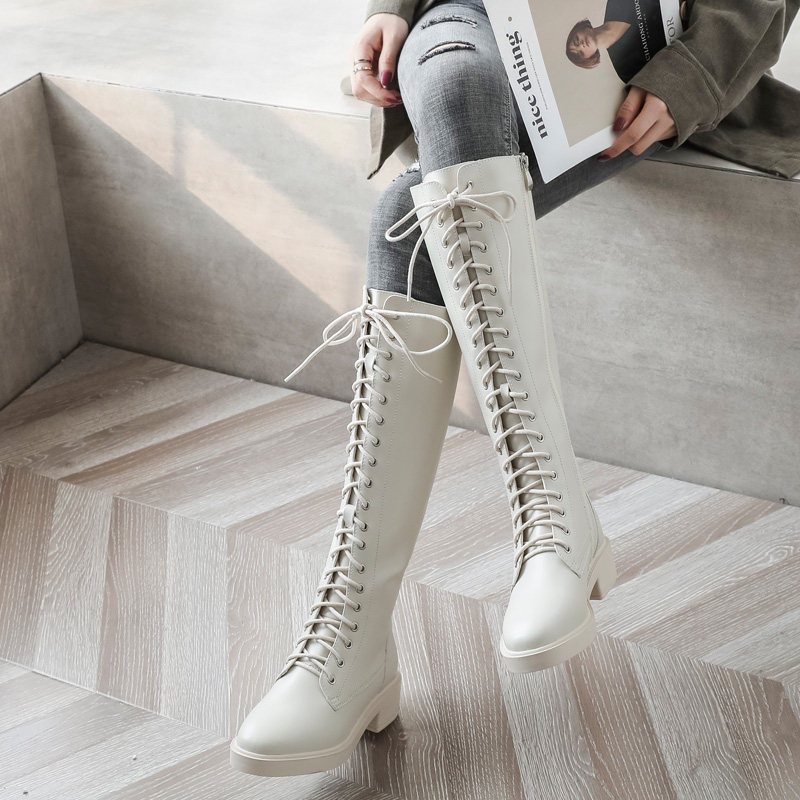 秋冬加绒长筒靴系带高筒白色骑士靴子大码 过膝长靴女2020新款 4143