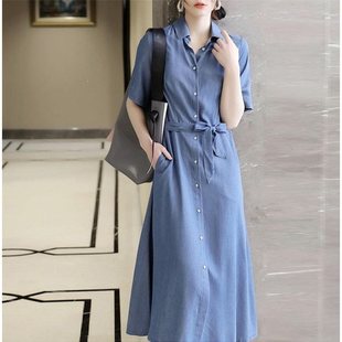 韩国天丝薄款牛仔连衣裙女2024夏季新款收腰显瘦法式气质大码长裙