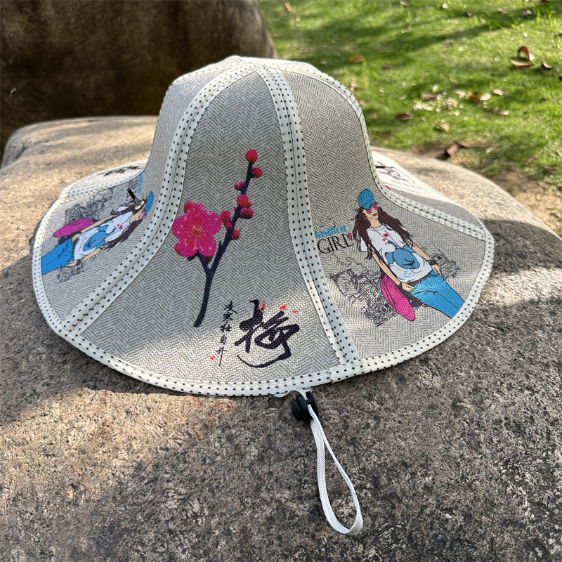 印花折叠帽子女夏季亚麻防晒帽户外出游携带方便大沿遮阳帽太阳帽