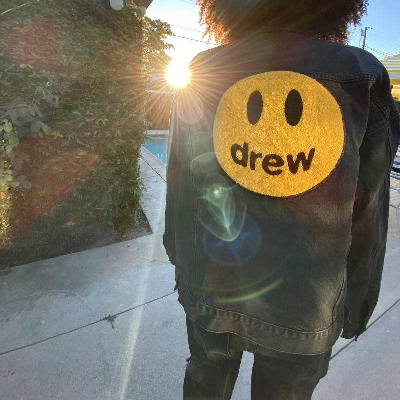 美式高街drew笑脸字母刺绣洗水网红潮牌男女休闲宽松牛仔夹克外套