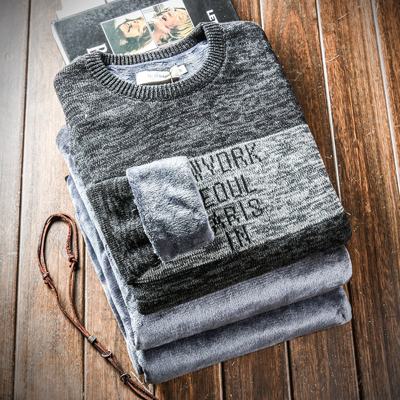 2017新款鼕季加絨加厚圓領男士毛衣保暖針織衫男韓版潮流個性衣服