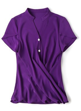 紫色短袖雪纺女2022夏装新品衬衫