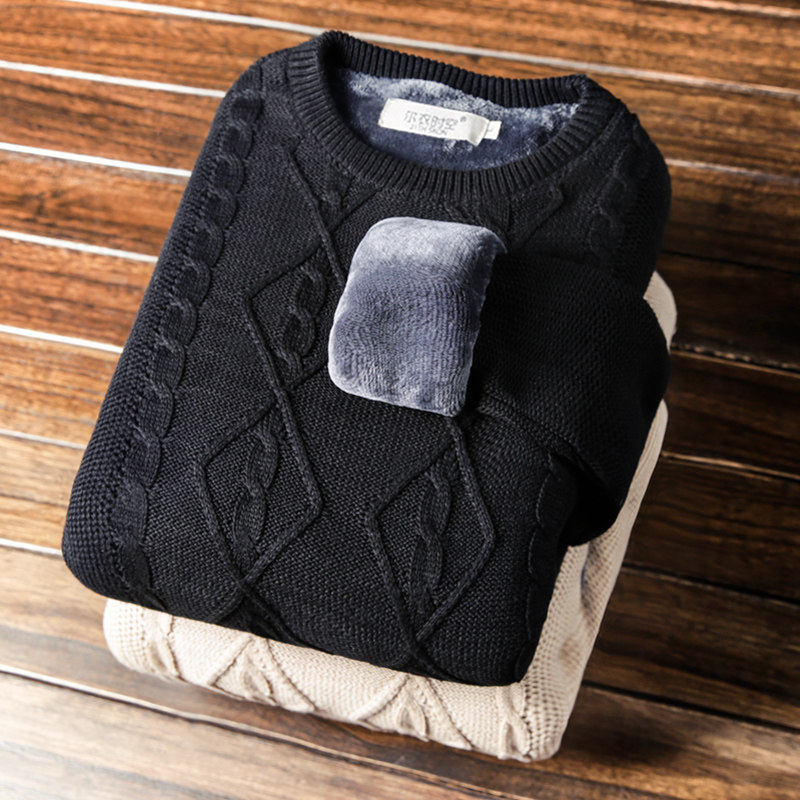 2017鼕季新款圓領保暖男士毛衣韓版個性潮流學生加絨加厚針織線衫