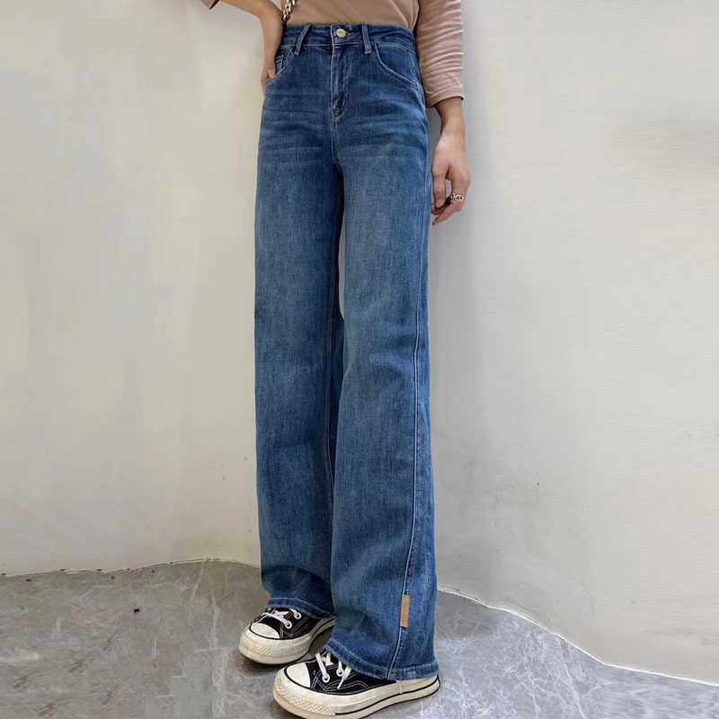普洗蓝牛仔裤2022秋冬新款女阔腿高腰显瘦大长腿薄绒直筒拖地裤子