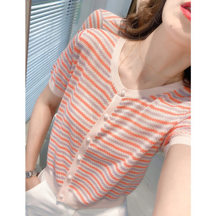 条纹短袖T恤女2024年夏装新款韩版修身圆领薄款冰丝针织上衣ins潮