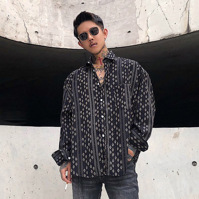 白鹤大人同款港风韩版简约复古休闲夏威夷潮宽松长袖花衬衫衬衣男_2