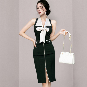 Bow Tie Slim Zipper Hip Wrap Dress